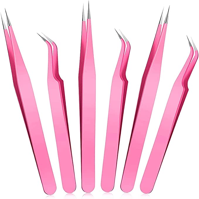 Eyelash Extension Tweezers Set, KASTWAVE 6 Pcs Stainless Steel Lash Tweezers Curved Precision Tweezers, Straight and Curved Tip Stainless Steel Tweezers for Eyelash Extensions Application