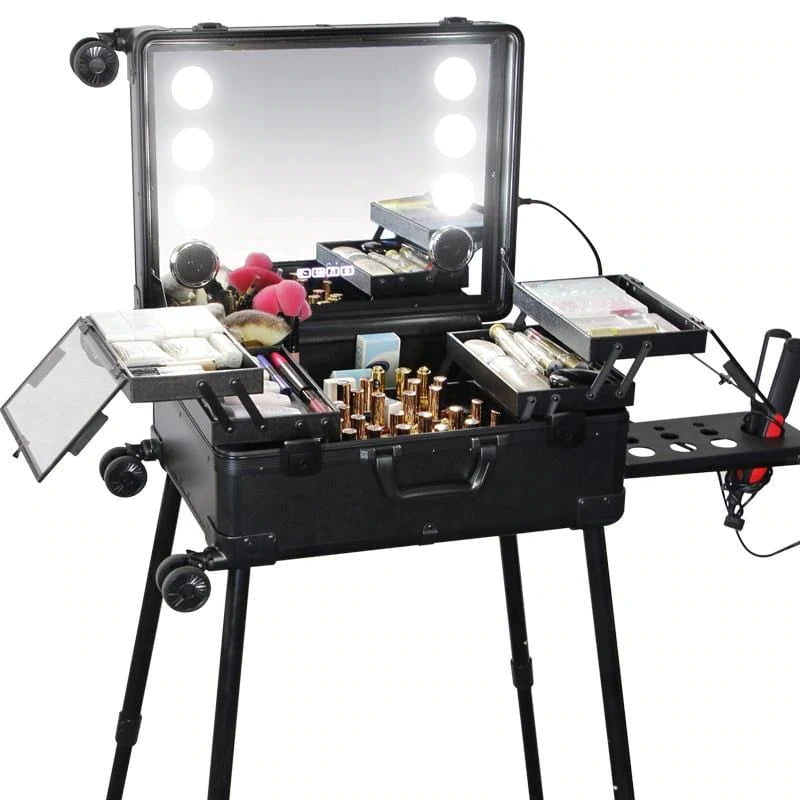Globalstar Black Makeup Trolley Case With Adjustable LED Lights, Speaker, Bluetooth Player And Detachable 4 Wheels