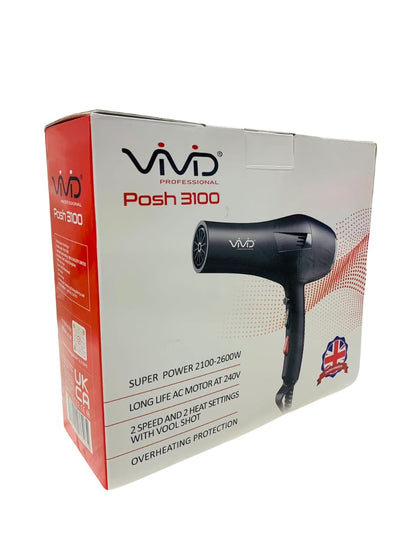 Vivid Hair Dryer Supersonic  POSH 3100 Fast Drying with 2 Speed 2600 W,3 Heat Setting Cool Button, with Diffuser,Three Nozzle, Hair Comb,Concentrator Brush for All Hair Made with United Kingdom Technology