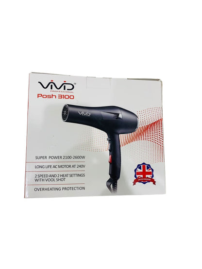 Vivid Hair Dryer Supersonic POSH 3100 Fast EXTREME Drying with 2 Speed 2600 W,3 Heat Setting Cool Button, with Diffuser,Three Nozzle, Hair Comb, Concentrator Brush for All Hair Made with United Kingdom Technology