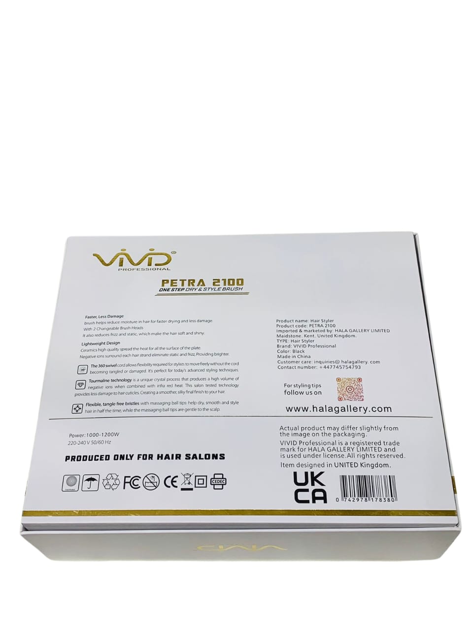 VIVID PETRA HAIR BRUSH & STYLER 2100  One-Step Blow Dryer Brush and Volumizer, Hot Air Brush with 2 Brush Heads & 3 Adjustable Temperature, Release 100 Million Negative Ions Smooth, Silky and Frizz-Free Hair With 1000 - 1200 W United Kingdom Technology