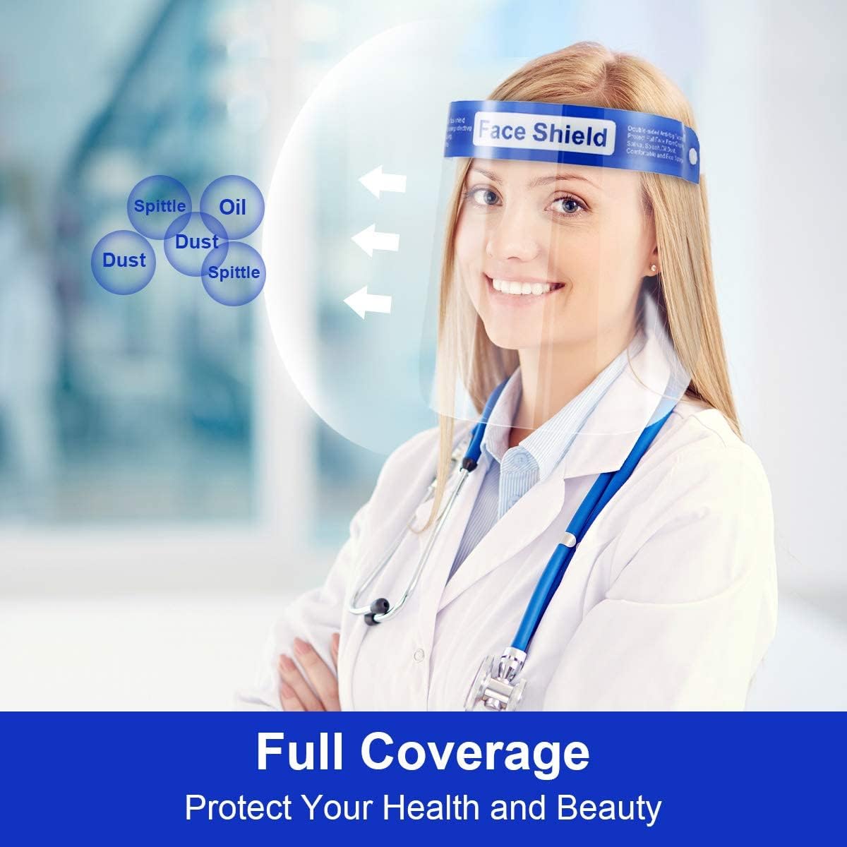 Protective Face Shield  Beauty  Safety Face Shields All Round Protection, Anti Fog Lens, Lightweight Transparent Shield With Adjustable Elastic Band For Men & Women, Blue, V-Shiled