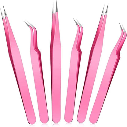 Eyelash Extension Tweezers Set, KASTWAVE 6 Pcs Stainless Steel Lash Tweezers Curved Precision Tweezers, Straight and Curved Tip Stainless Steel Tweezers for Eyelash Extensions Application