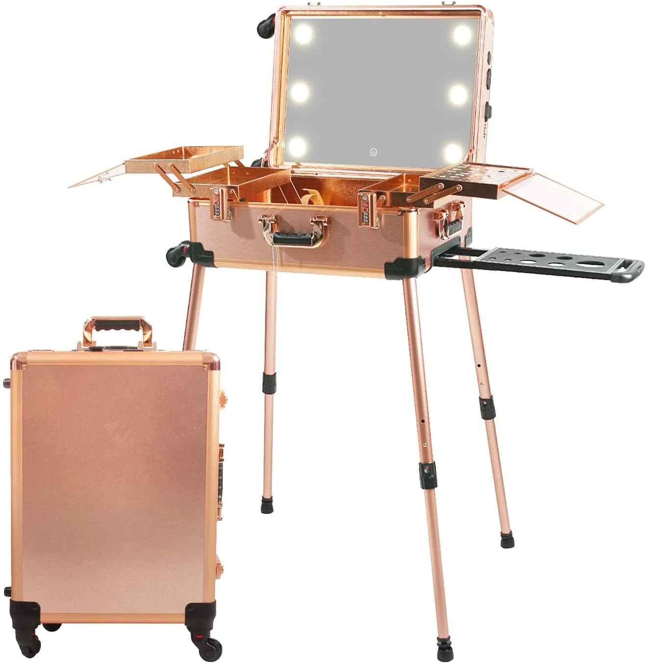 Globalstar Rose Gold Makeup Trolley Case With Adjustable LED Lights, Speaker, Bluetooth Player And Detachable 4 Wheels