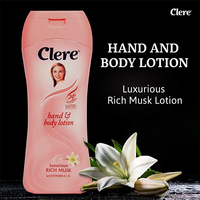 CLERE Hand and Body Lotion Luxurious Rich Musk (With Vitamin E+A) 13.5 Oz (400 ML) Pack of 4