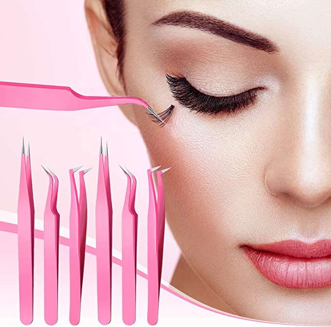 Eyelash Extension Tweezers Set, KASTWAVE 6 Pcs Stainless Steel Lash Tweezers Curved Precision Tweezers, Straight and Curved Tip Stainless Steel Tweezers for Eyelash Extensions Application