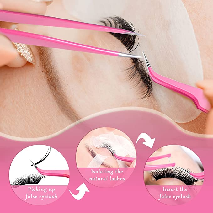 Eyelash Extension Tweezers Set, KASTWAVE 6 Pcs Stainless Steel Lash Tweezers Curved Precision Tweezers, Straight and Curved Tip Stainless Steel Tweezers for Eyelash Extensions Application