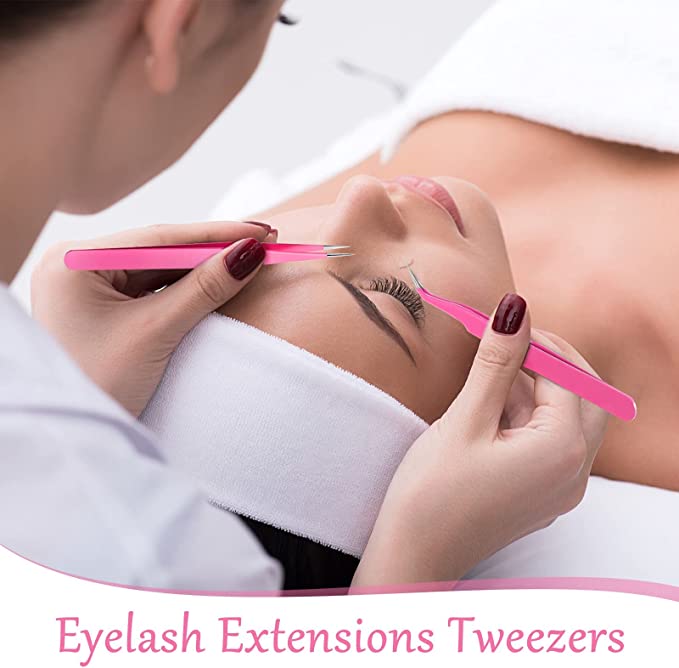 Eyelash Extension Tweezers Set, KASTWAVE 6 Pcs Stainless Steel Lash Tweezers Curved Precision Tweezers, Straight and Curved Tip Stainless Steel Tweezers for Eyelash Extensions Application