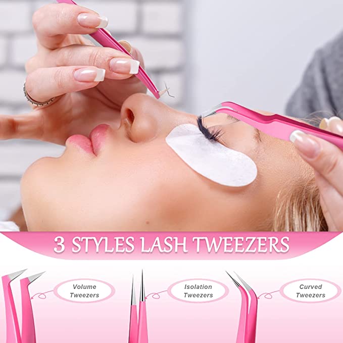 Eyelash Extension Tweezers Set, KASTWAVE 6 Pcs Stainless Steel Lash Tweezers Curved Precision Tweezers, Straight and Curved Tip Stainless Steel Tweezers for Eyelash Extensions Application