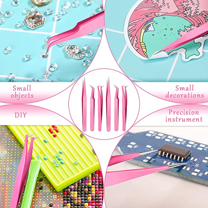 Eyelash Extension Tweezers Set, KASTWAVE 6 Pcs Stainless Steel Lash Tweezers Curved Precision Tweezers, Straight and Curved Tip Stainless Steel Tweezers for Eyelash Extensions Application