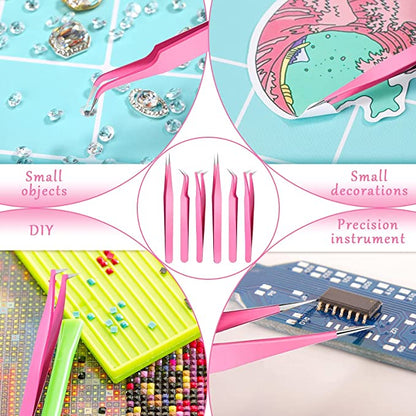 Eyelash Extension Tweezers Set, KASTWAVE 6 Pcs Stainless Steel Lash Tweezers Curved Precision Tweezers, Straight and Curved Tip Stainless Steel Tweezers for Eyelash Extensions Application