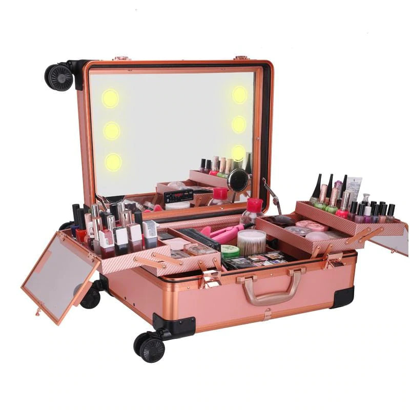 Globalstar Rose Gold Makeup Trolley Case With Adjustable LED Lights, Speaker, Bluetooth Player And Detachable 4 Wheels