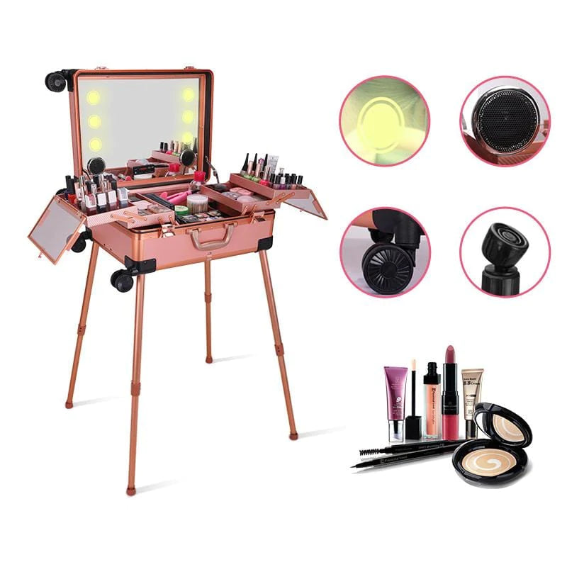 Globalstar Rose Gold Makeup Trolley Case With Adjustable LED Lights, Speaker, Bluetooth Player And Detachable 4 Wheels