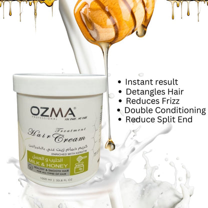 OZMA ACTYVA Milk & Honey Nutritious Moisturizing Repair Hair Treatment Cream Enriched with Keratin  1000ML